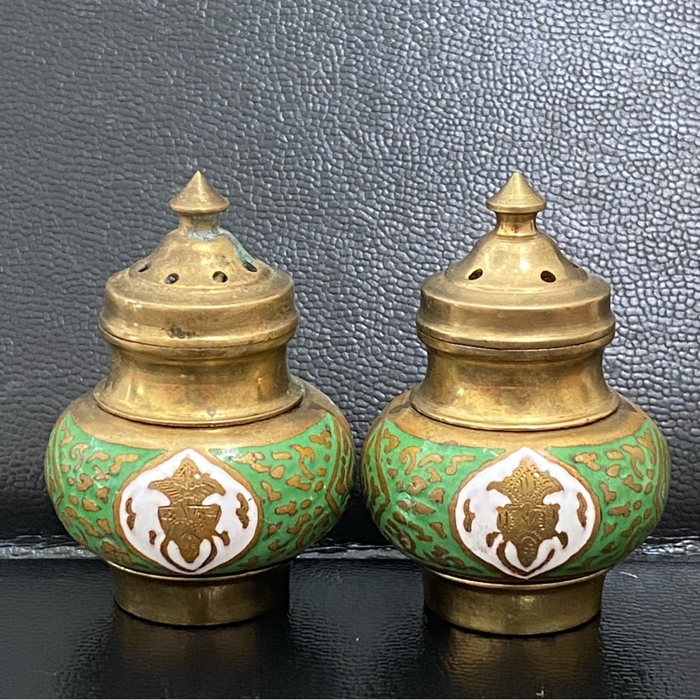 Vintage Brass & Enamel Mini Salt & Pepper Shakers